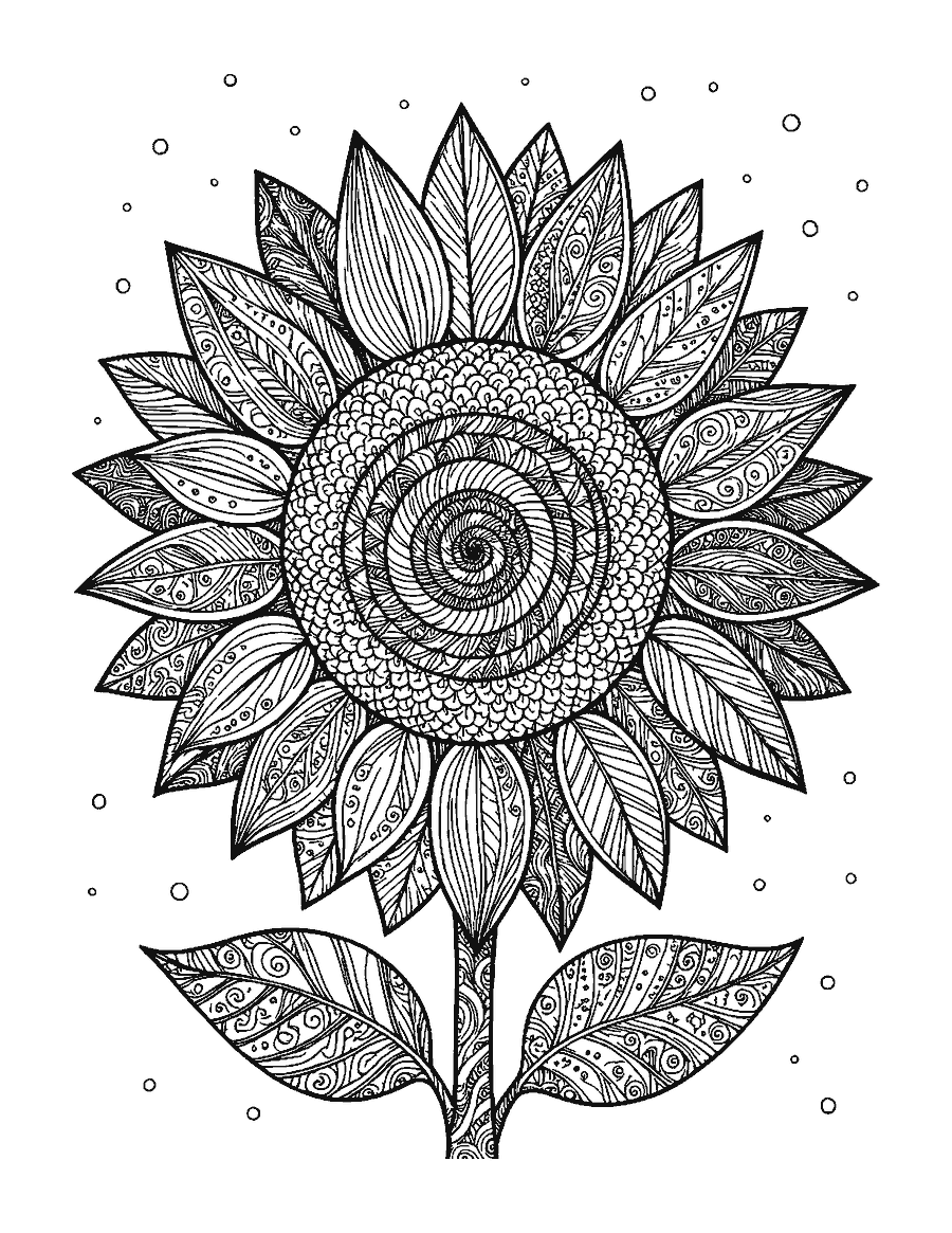 Line drawing of a sunflower close-up with a spiral seed center and patterned petals