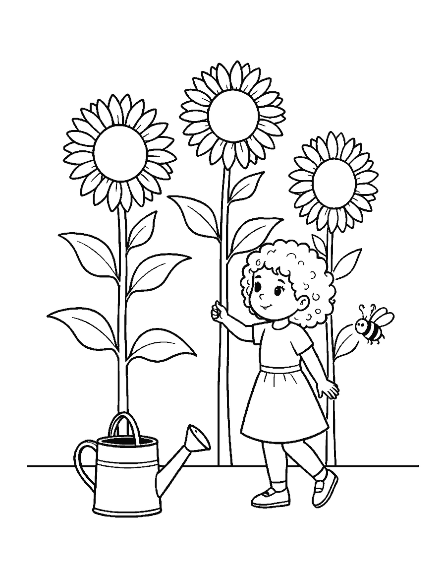 Line drawing of a girl on tiptoe beside three sunflowers much taller than her