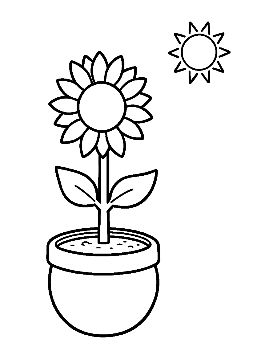 Line drawing of a short sunflower in a round pot turned toward a small sun