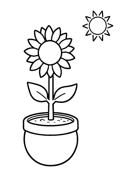 Line drawing of a short sunflower in a round pot turned toward a small sun