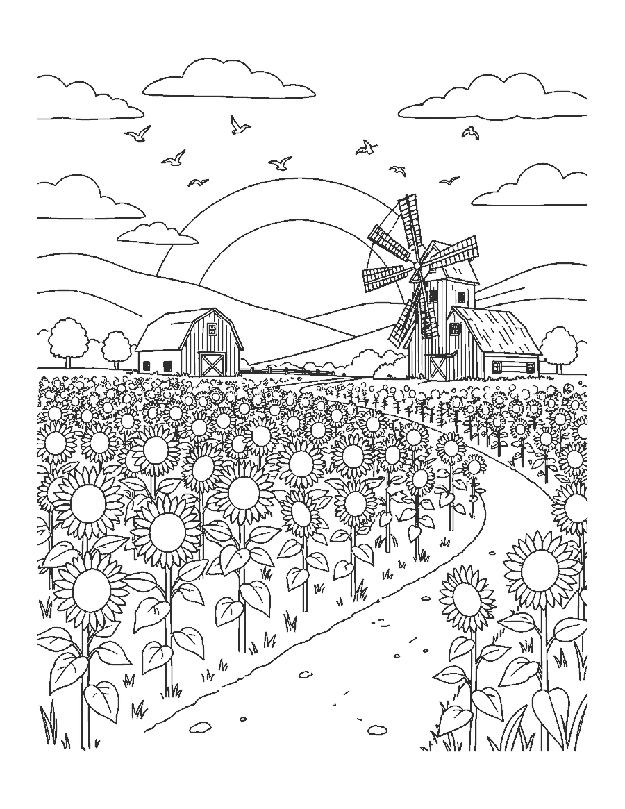 Line drawing of a huge sunflower field with a barn, a windmill and the rising sun
