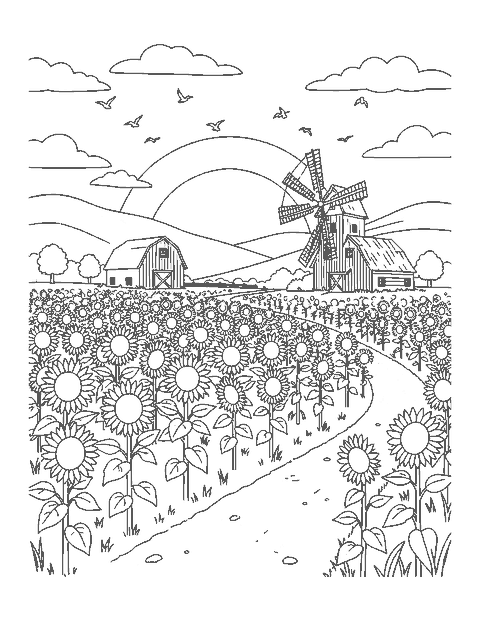 Line drawing of a huge sunflower field with a barn, a windmill and the rising sun