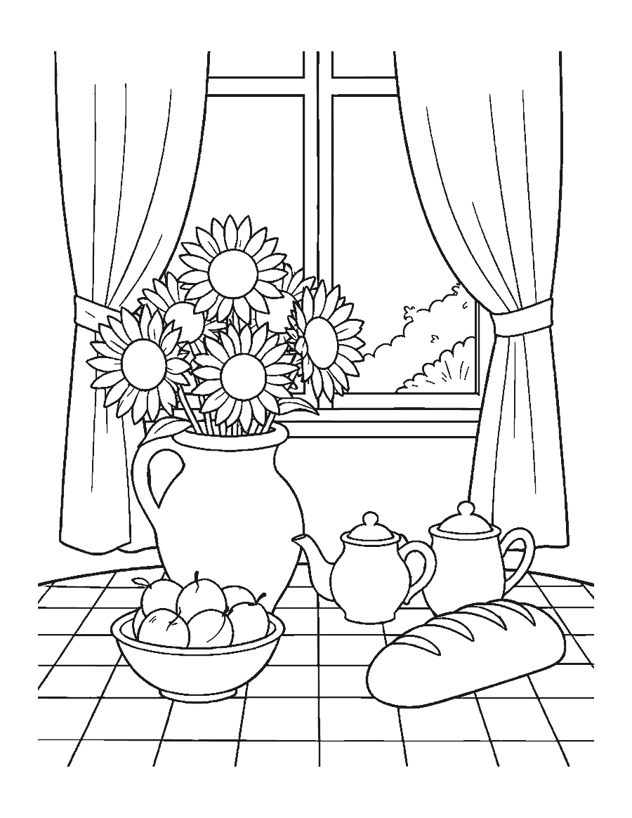 Line drawing of sunflowers in a jug beside peaches, a teapot and bread on a table