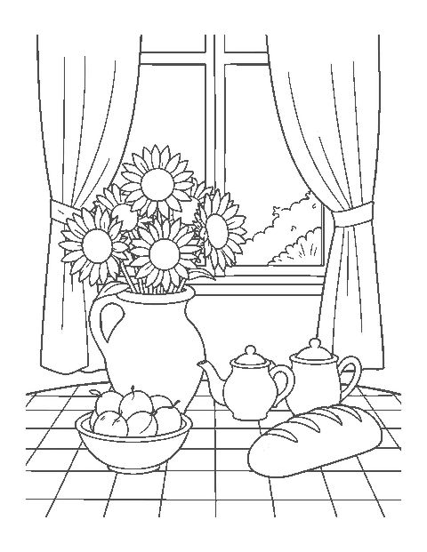 Line drawing of sunflowers in a jug beside peaches, a teapot and bread on a table