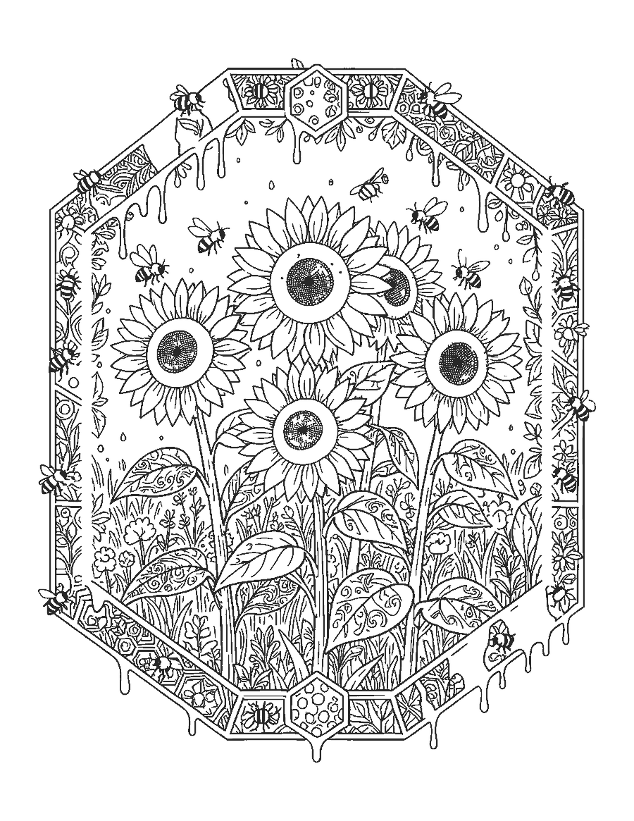 Line drawing of sunflowers and bees inside a honeycomb border with dripping honey