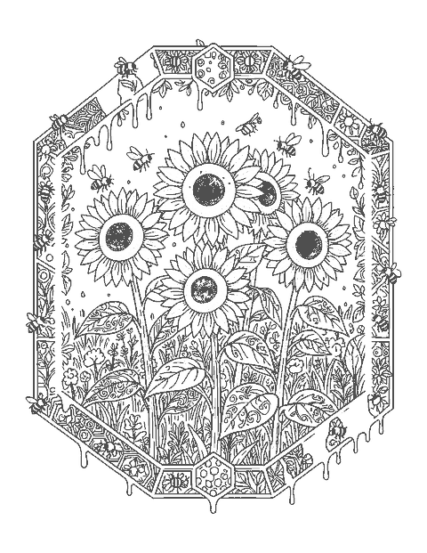 Line drawing of sunflowers and bees inside a honeycomb border with dripping honey