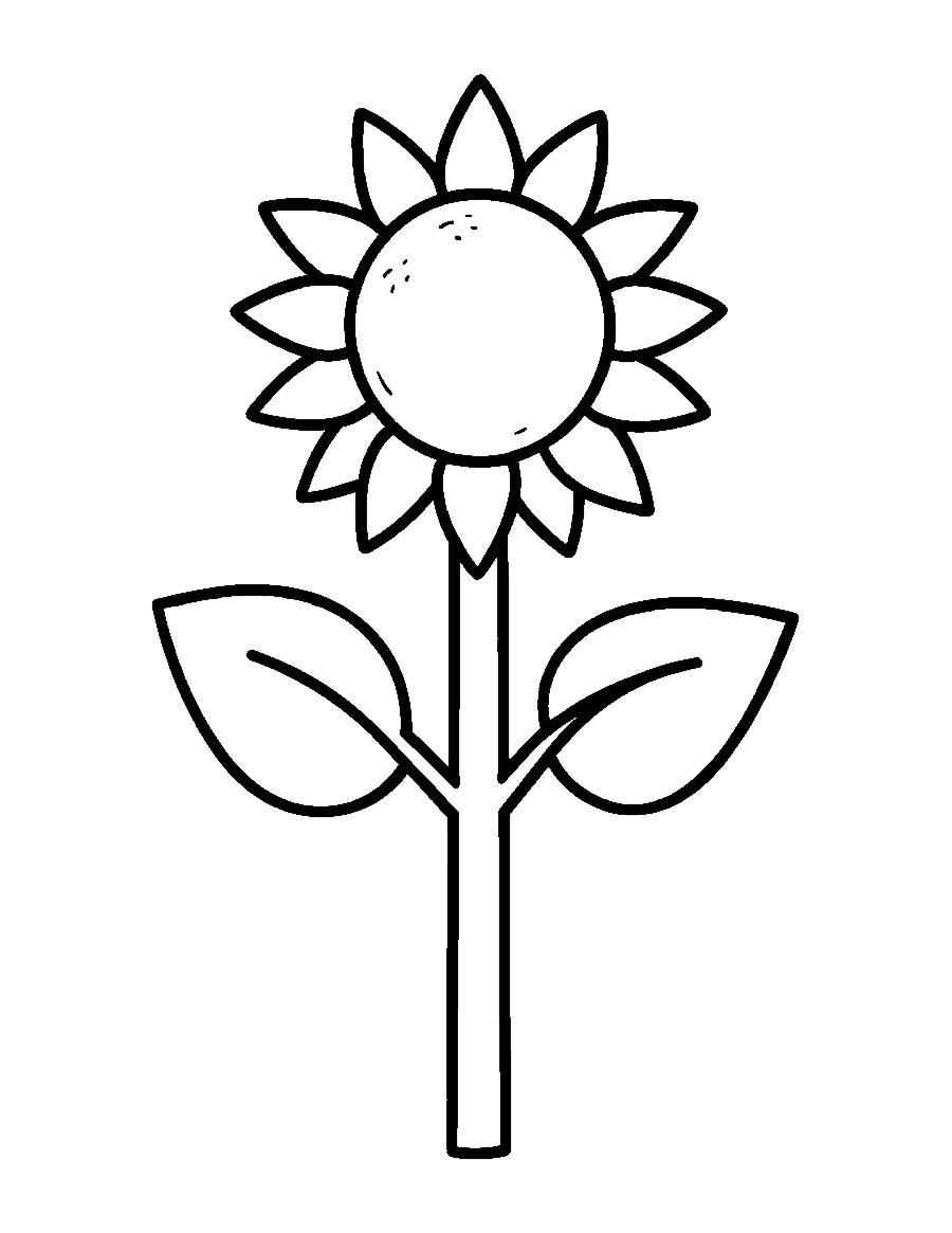 Line drawing of a tall sunflower with a big round center and two large leaves