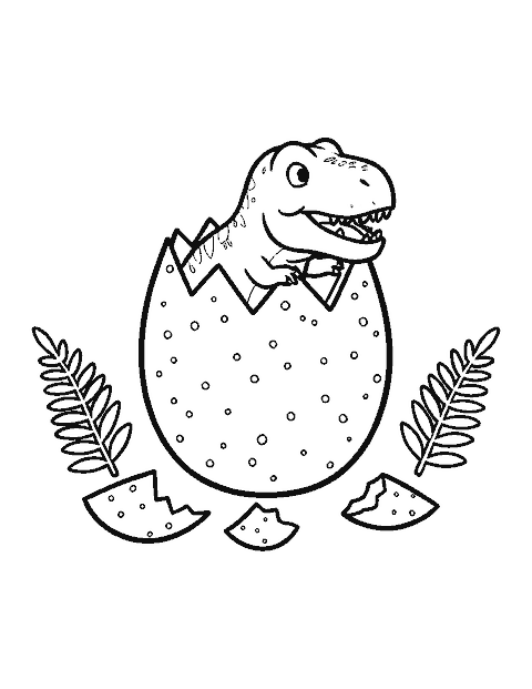 Line drawing of a baby T. rex breaking out of a large speckled egg