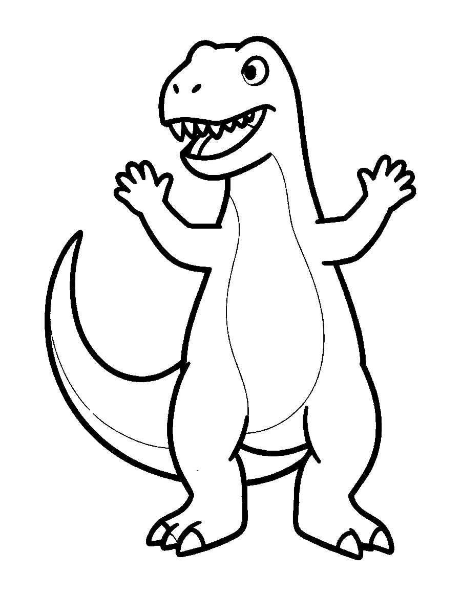 Line drawing of a smiling T. rex standing on two legs and waving its tiny arms