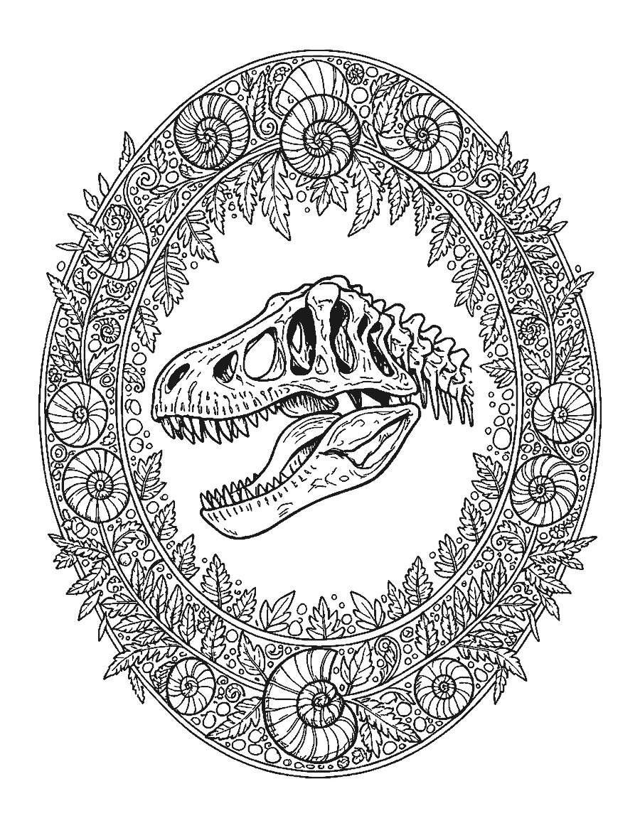 Line drawing of a T. rex fossil skull inside an oval border of ferns and ammonite shells