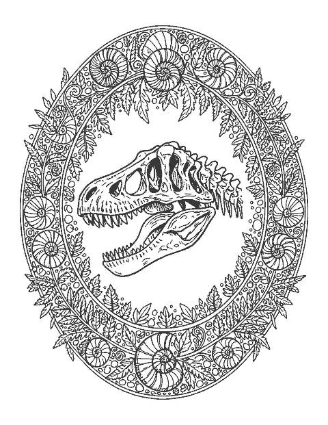 Line drawing of a T. rex fossil skull inside an oval border of ferns and ammonite shells