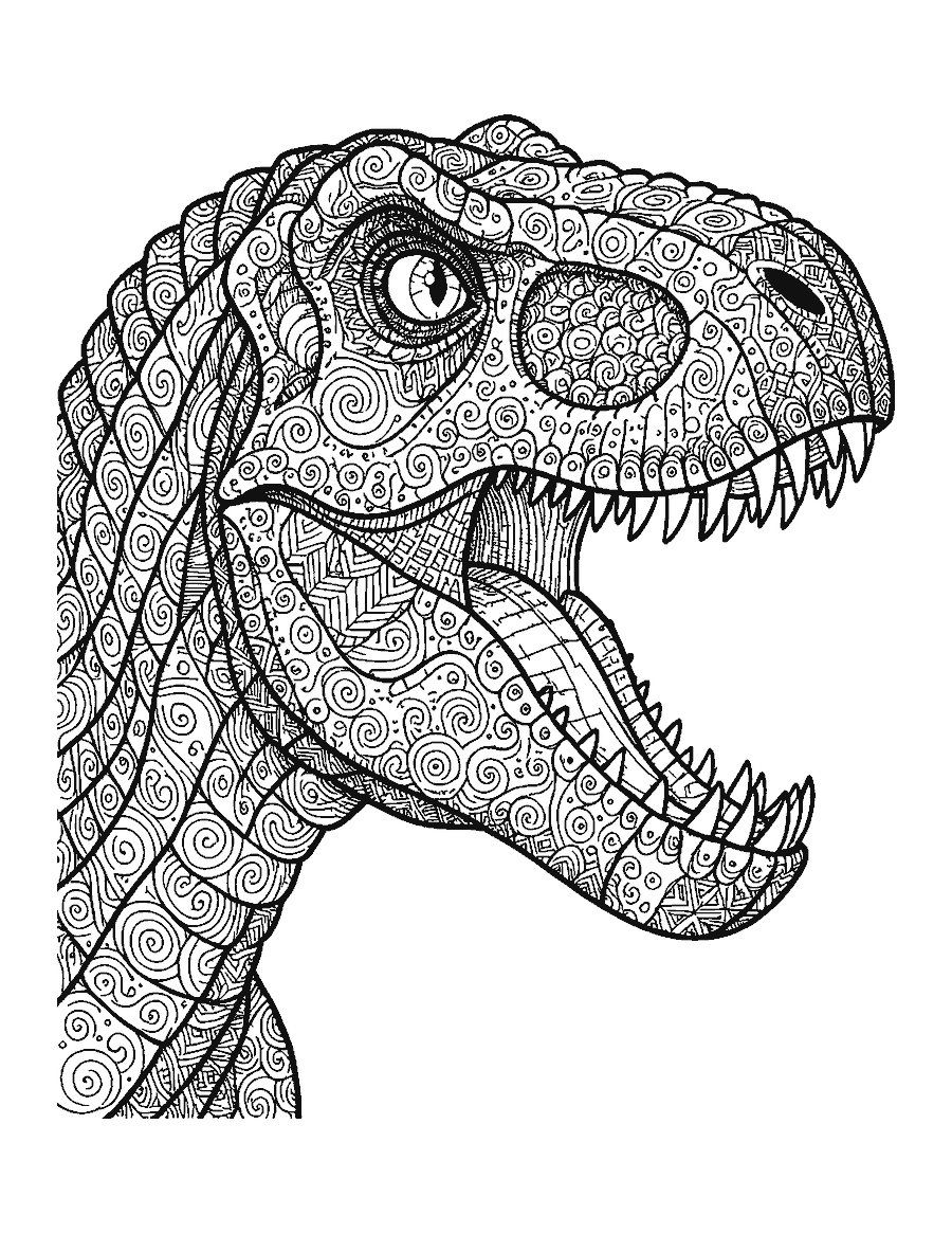 Line drawing of a T. rex head in side view filled with doodle scale patterns