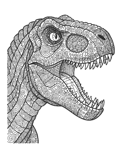 Line drawing of a T. rex head in side view filled with doodle scale patterns