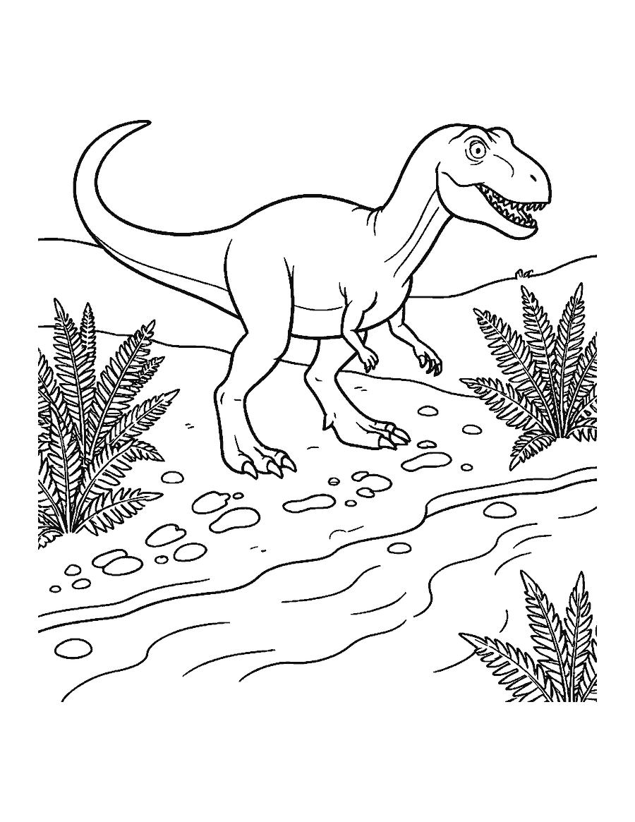 Line drawing of a T. rex walking along a muddy riverbank leaving big three-toed footprints
