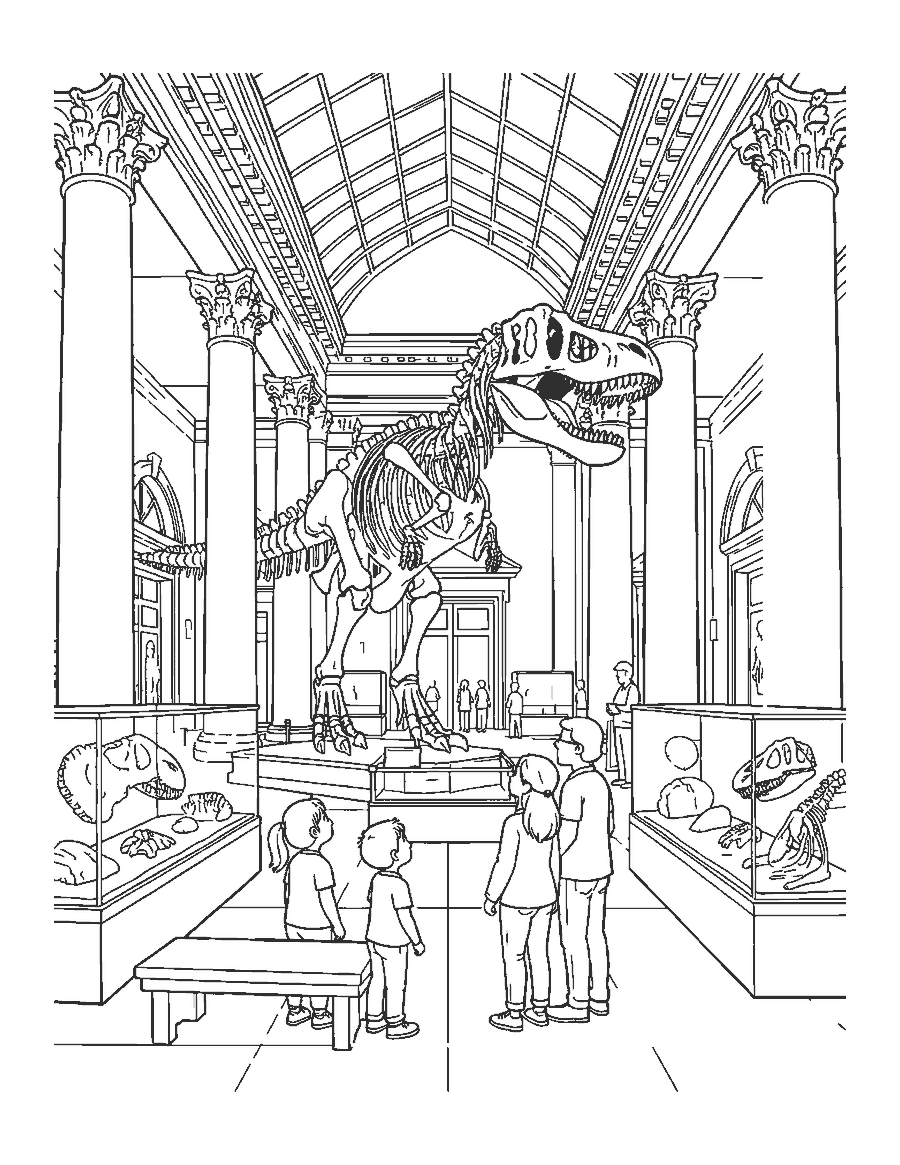 Line drawing of children and a parent looking up at a T. rex skeleton in a museum hall
