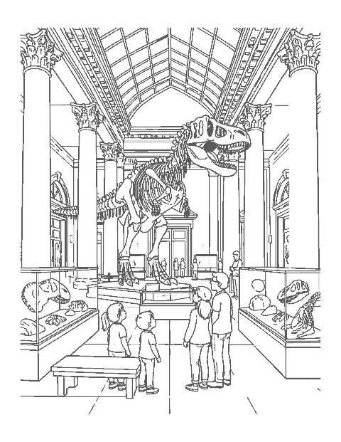 Line drawing of children and a parent looking up at a T. rex skeleton in a museum hall