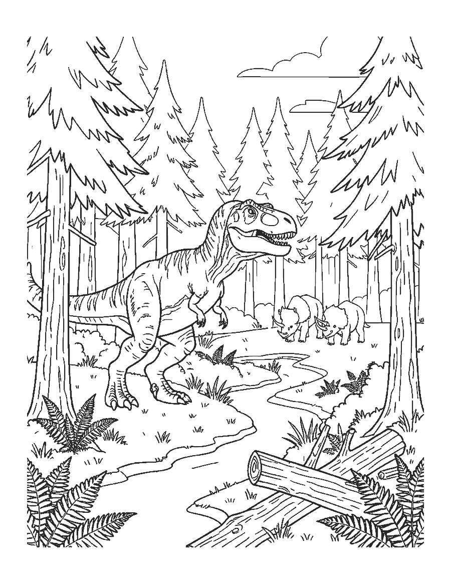 Line drawing of a T. rex walking through a misty conifer forest with Triceratops in the distance