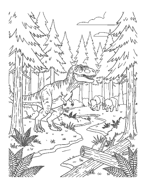 Line drawing of a T. rex walking through a misty conifer forest with Triceratops in the distance