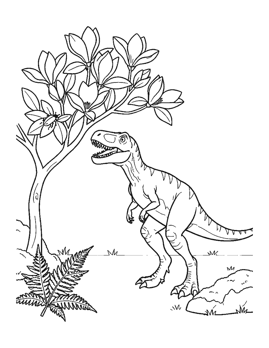 Line drawing of a young T. rex sniffing the big flowers of a magnolia bush