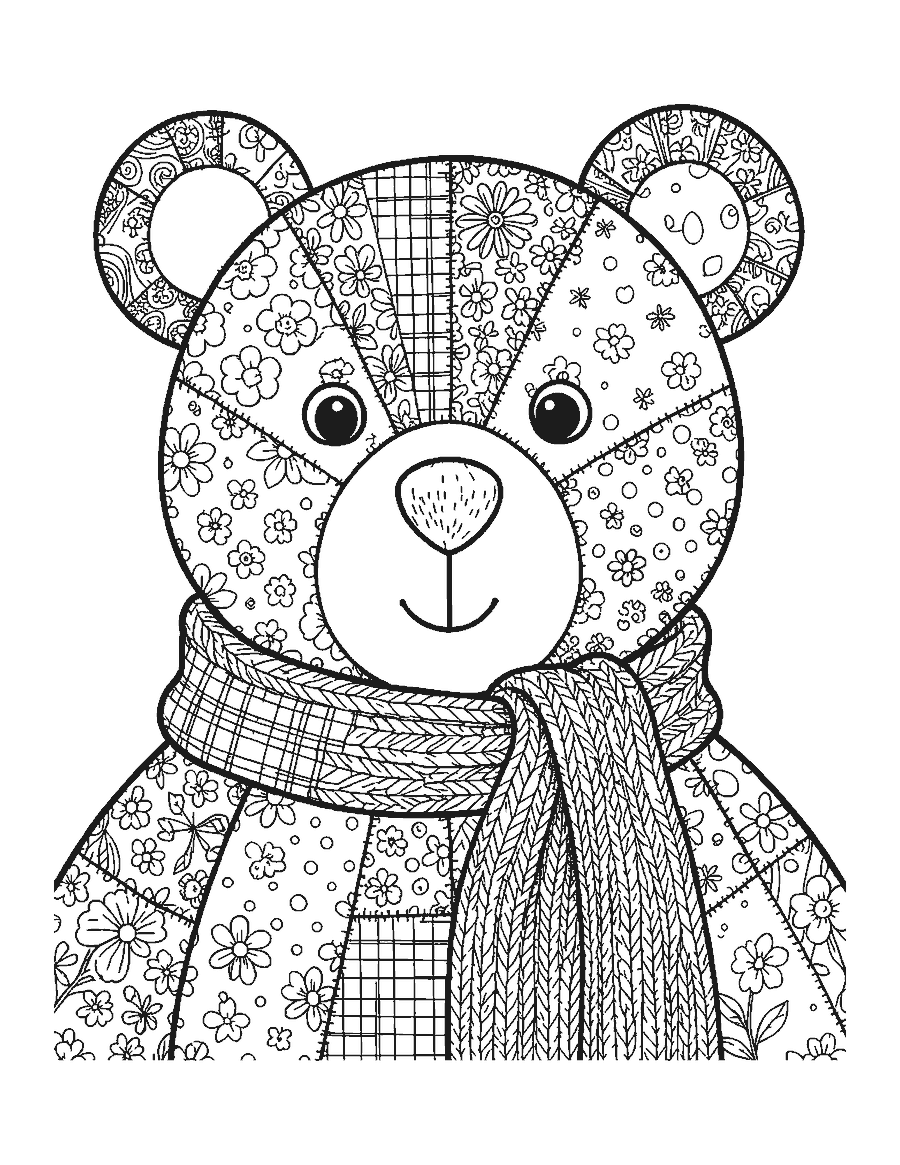 Line drawing close-up of a patchwork teddy bear with patterned patches and a knitted scarf