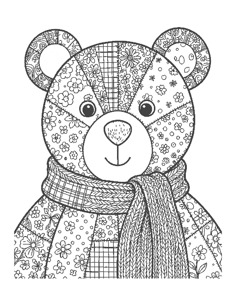Line drawing close-up of a patchwork teddy bear with patterned patches and a knitted scarf