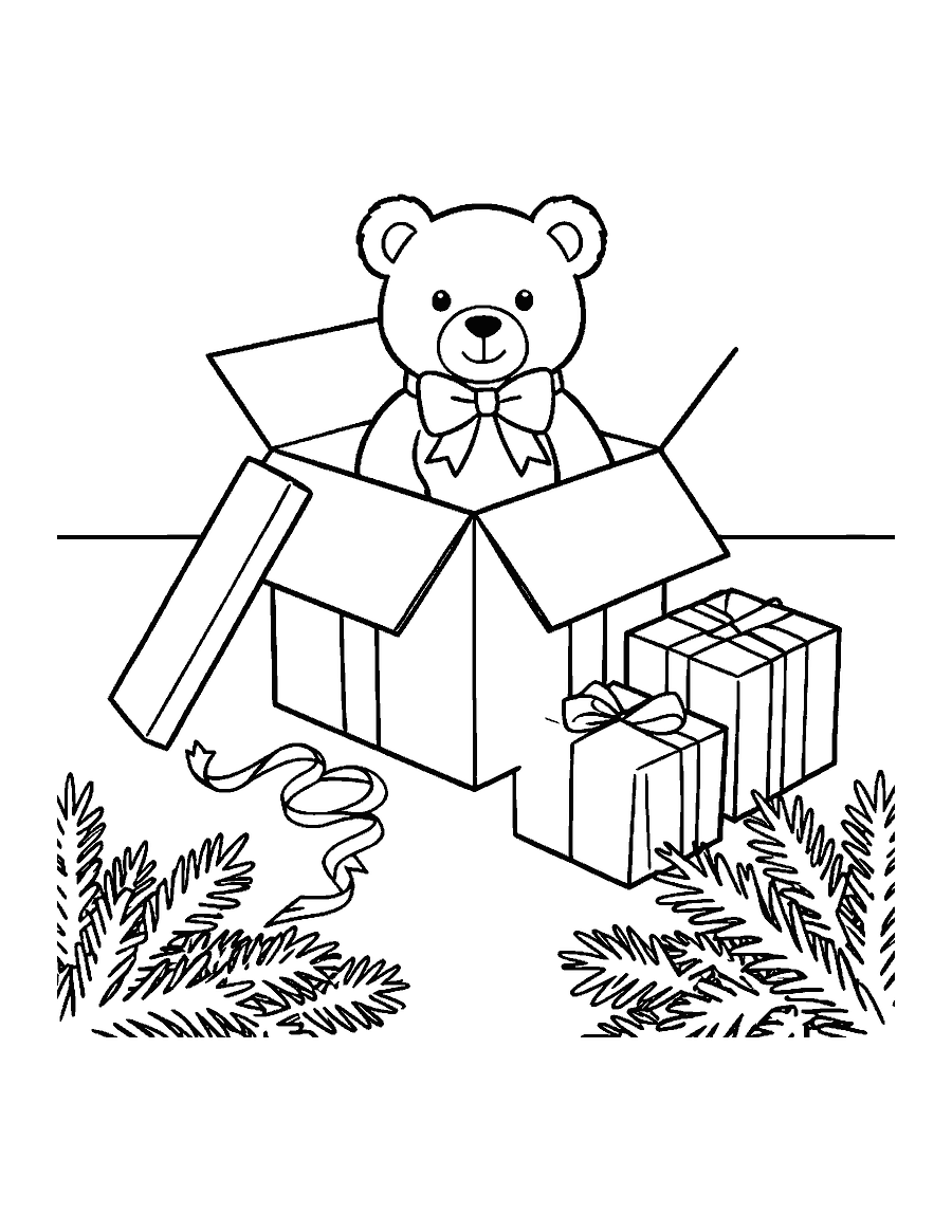 Line drawing of a teddy bear sitting in an open gift box beside presents and a Christmas tree