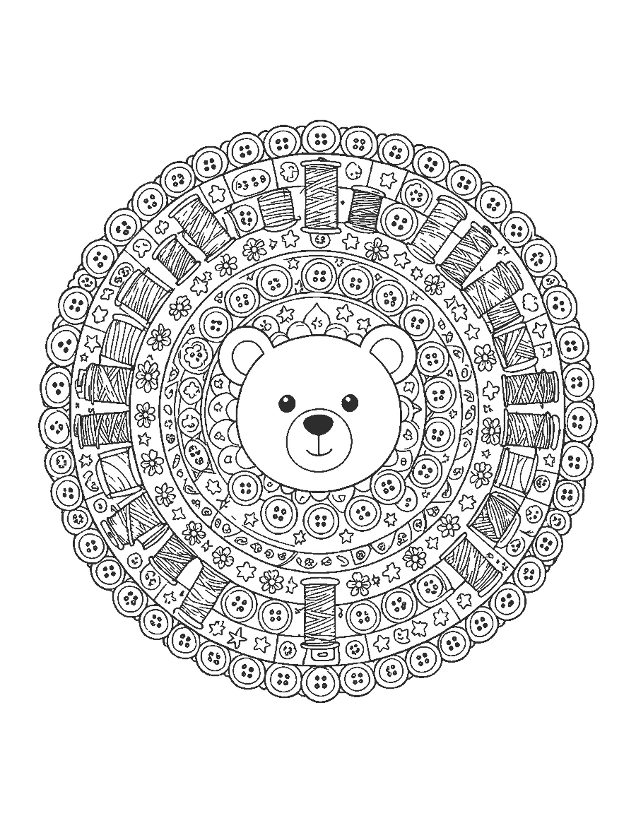 Line drawing of a teddy bear face inside a round mandala of buttons, thread spools and stars