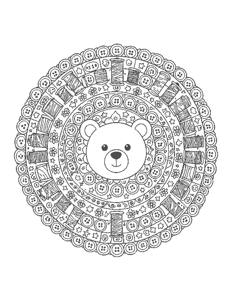 Line drawing of a teddy bear face inside a round mandala of buttons, thread spools and stars