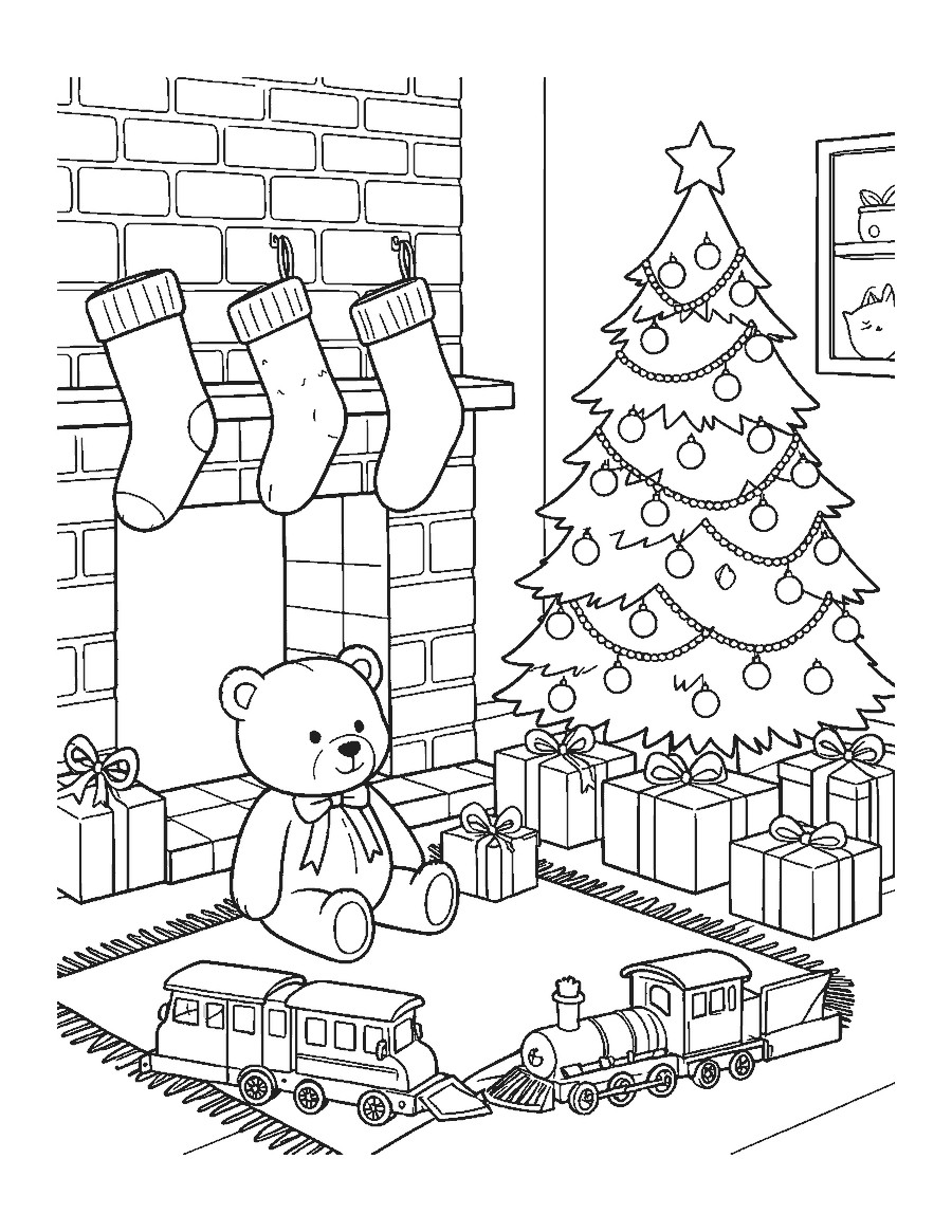 Line drawing of a teddy bear by a fireplace with stockings, a Christmas tree and presents