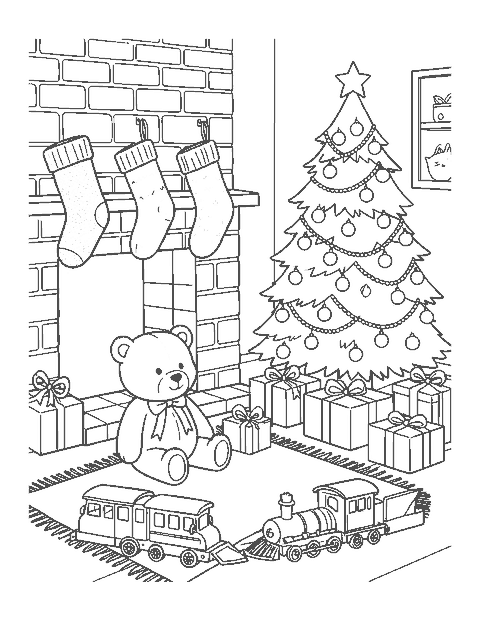 Line drawing of a teddy bear by a fireplace with stockings, a Christmas tree and presents