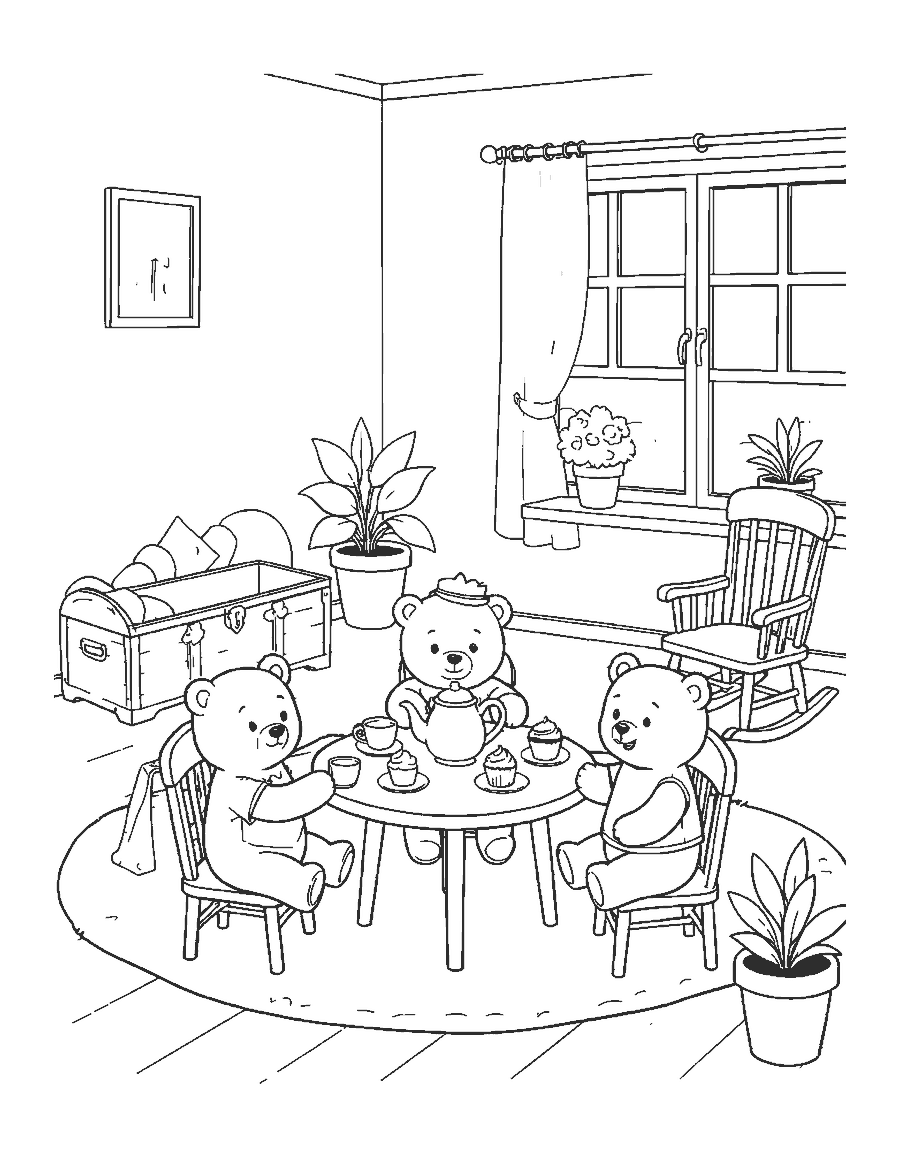 Line drawing of three teddy bears having a tea party at a small table in a playroom
