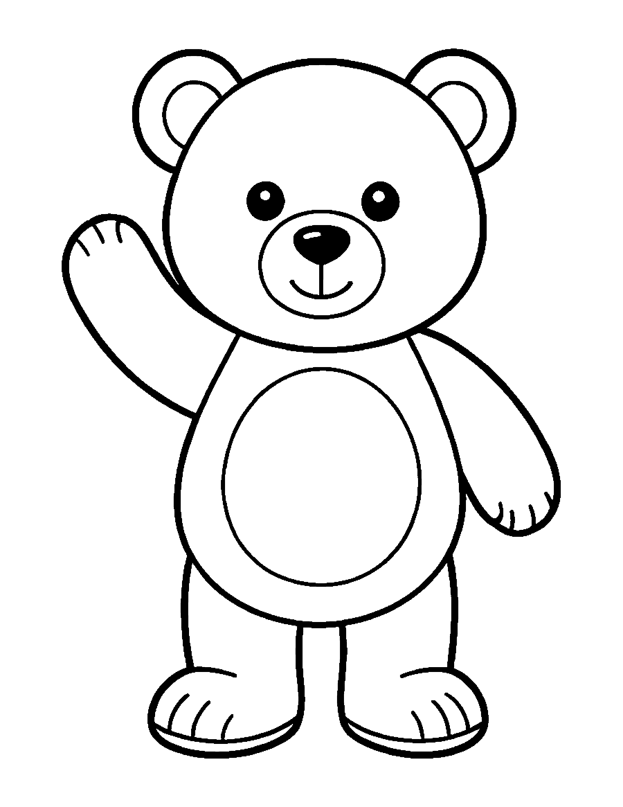 Line drawing of a plush teddy bear standing and waving one paw