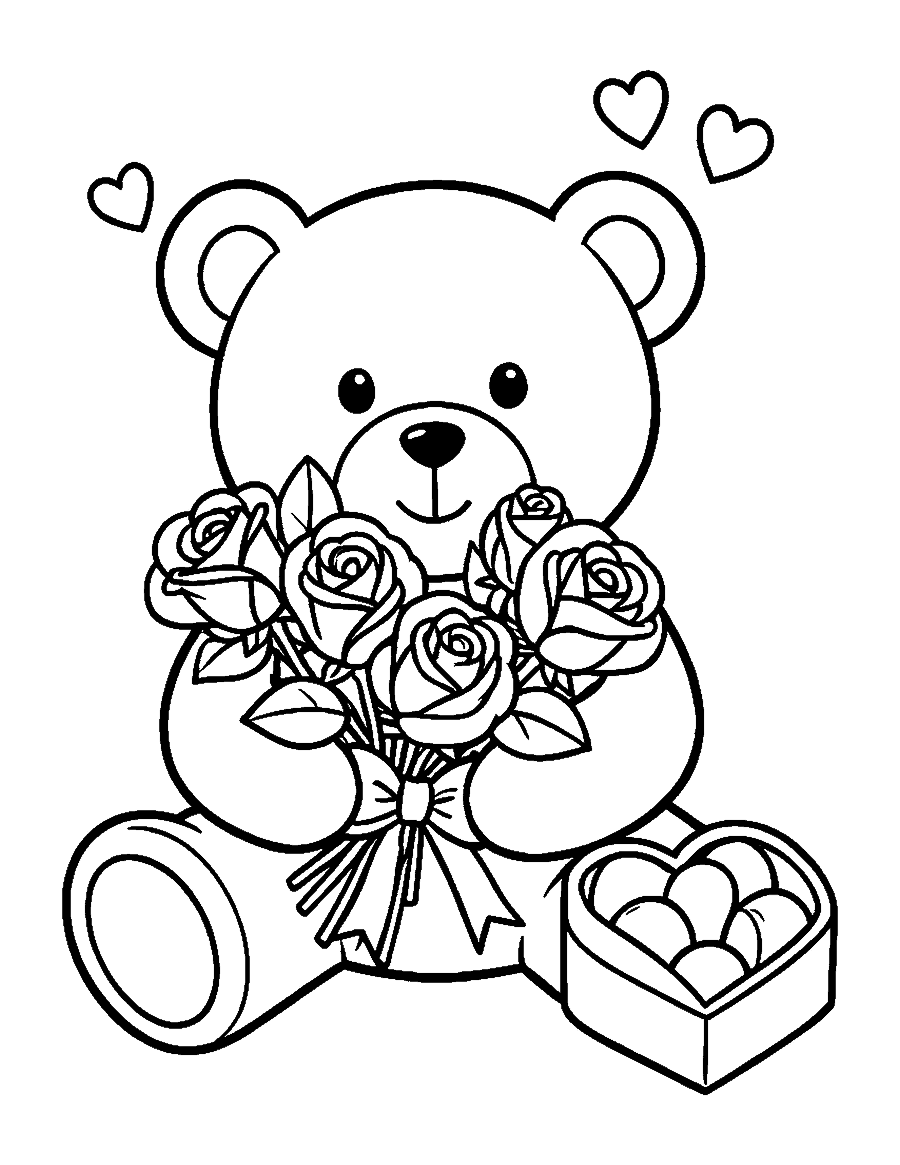 Line drawing of a teddy bear holding roses beside a heart-shaped box of chocolates