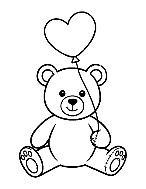 Line drawing of a teddy bear sitting and holding a heart-shaped balloon
