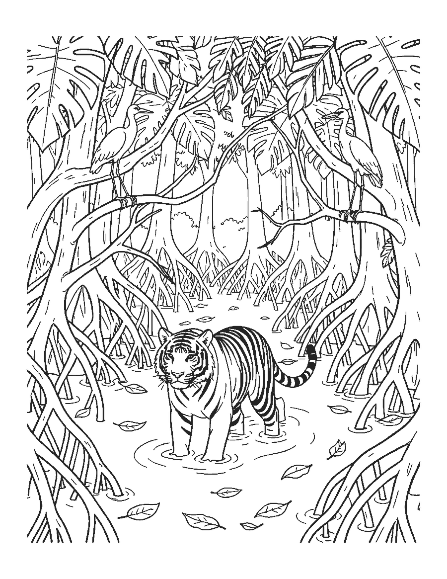 Line drawing of a tiger wading through a mangrove swamp with tangled roots and egrets