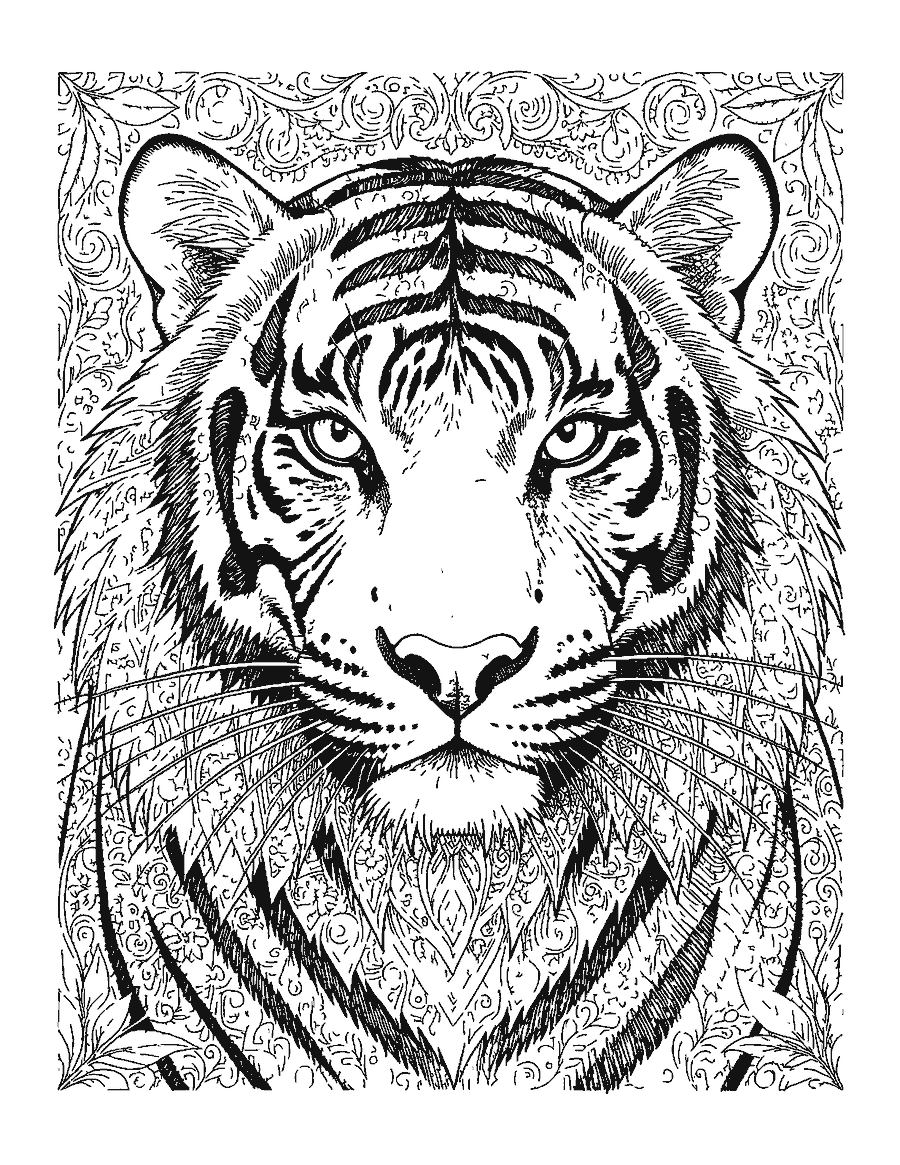 Line drawing close-up of a tiger's face with detailed stripes, whiskers and fur