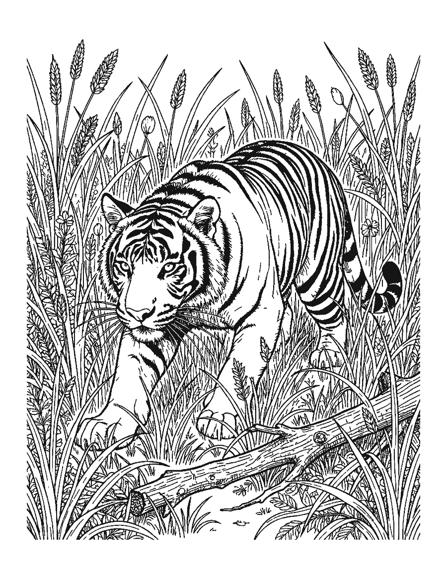 Line drawing of a realistic Bengal tiger crouching low as it stalks through tall grass