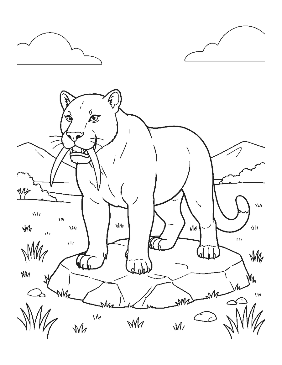 Line drawing of a saber-toothed Smilodon on a rocky rise above grassland with a distant mammoth