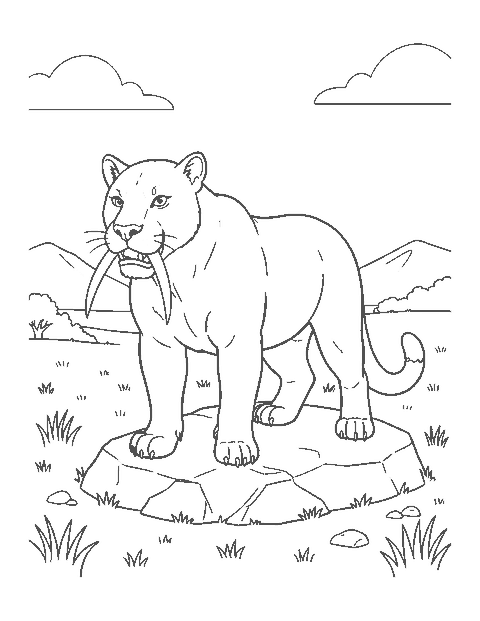 Line drawing of a saber-toothed Smilodon on a rocky rise above grassland with a distant mammoth
