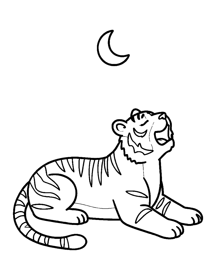 Line drawing of a tiger lying down and yawning with its eyes closed under a crescent moon