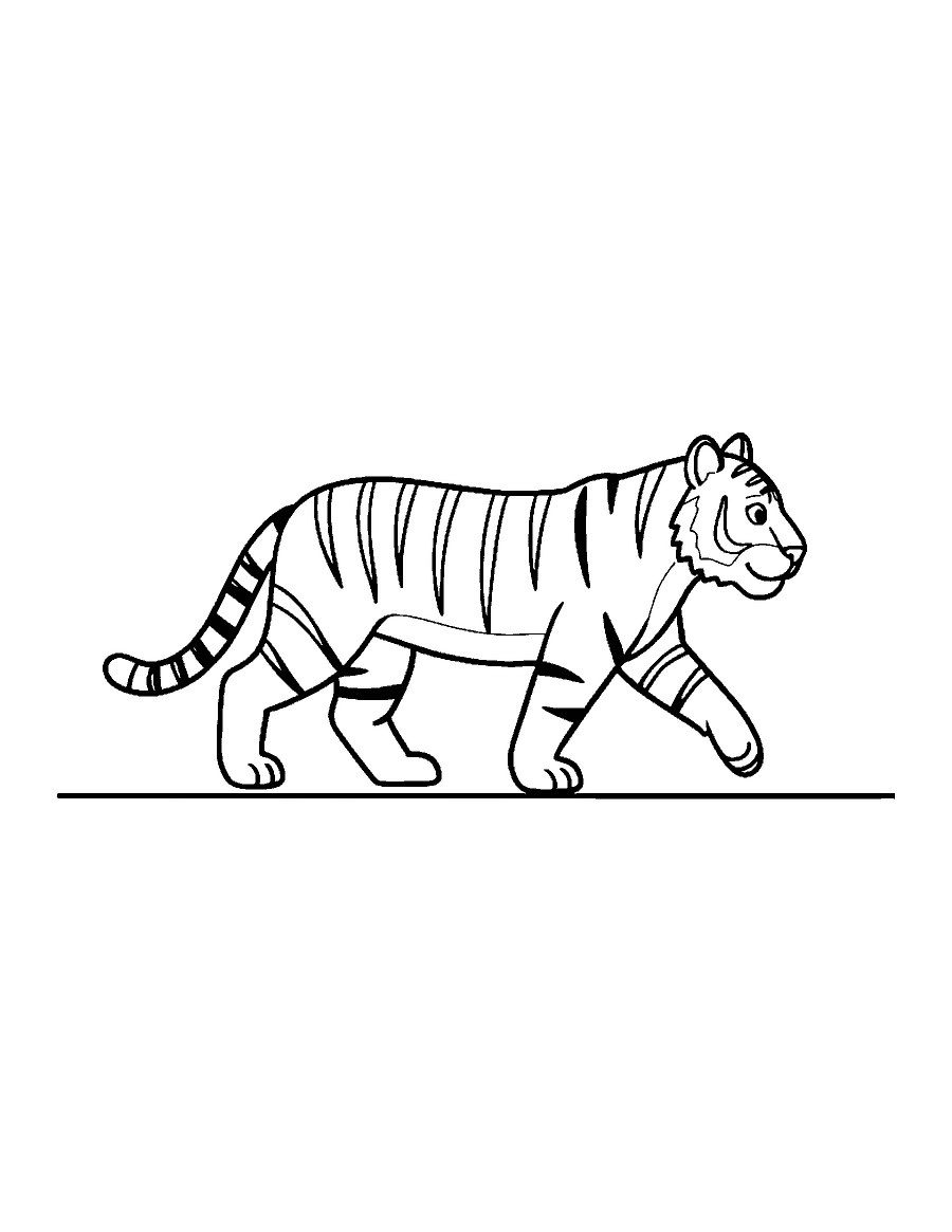 Line drawing of a striped tiger walking side-on with one paw raised
