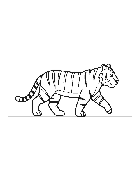 Line drawing of a striped tiger walking side-on with one paw raised