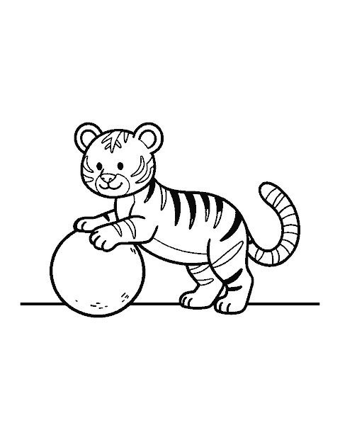 Line drawing of a striped tiger cub with one paw on a big ball