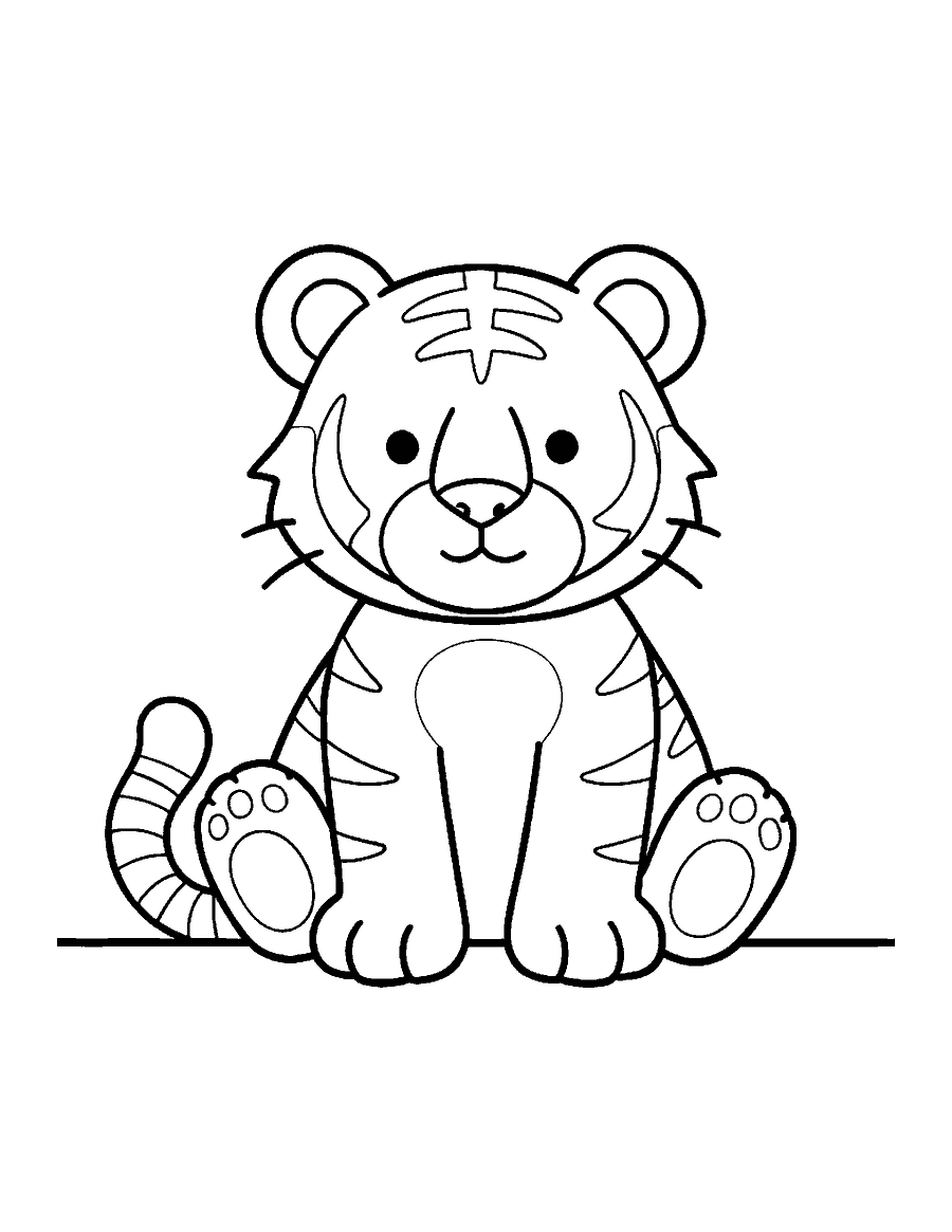 Line drawing of a striped tiger cub sitting with big paws and a curled tail