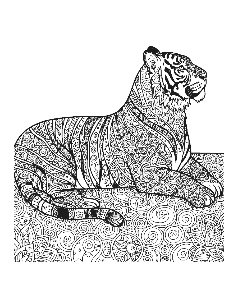 Line drawing of a lying tiger whose body is filled with mandala patterns between its stripes