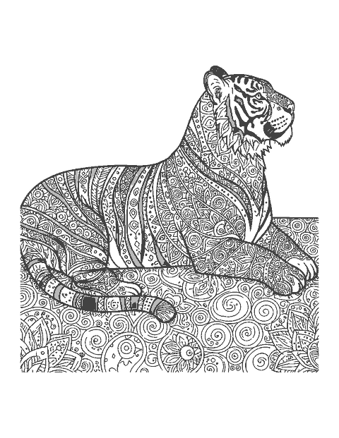 Line drawing of a lying tiger whose body is filled with mandala patterns between its stripes