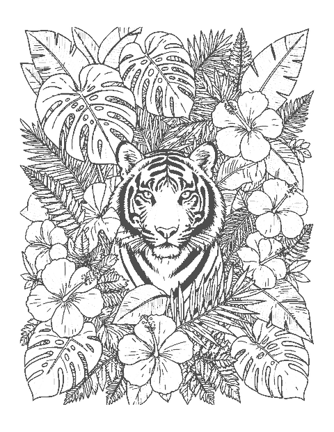 Line drawing of a tiger peering out through a dense frame of detailed tropical leaves and flowers