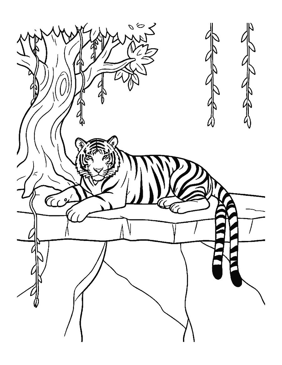 Line drawing of a tiger lounging on a rocky ledge with one paw hanging over the edge