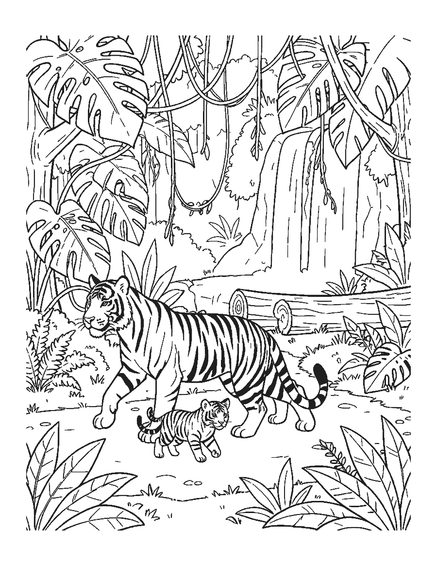 Line drawing of a tiger mother walking along a jungle trail with her striped cub trotting ahead