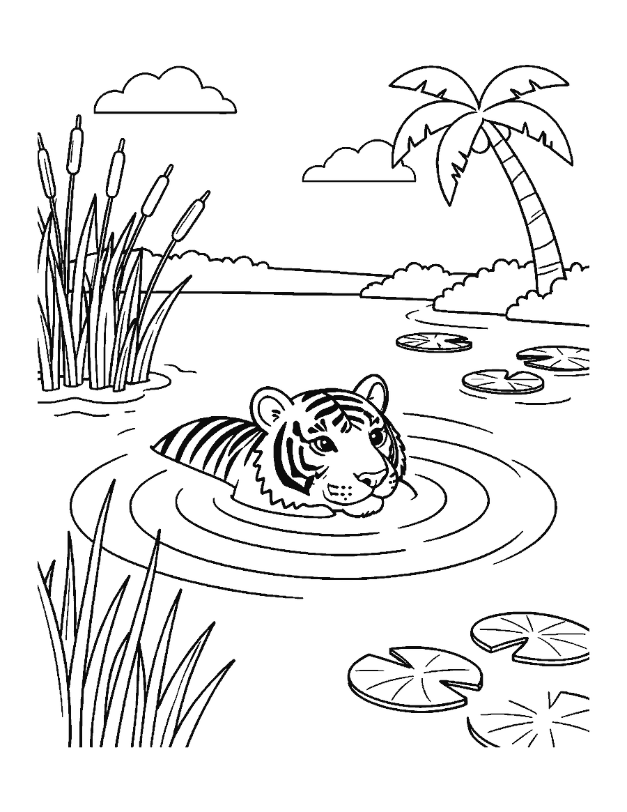 Line drawing of a tiger swimming across a river with its head above the water